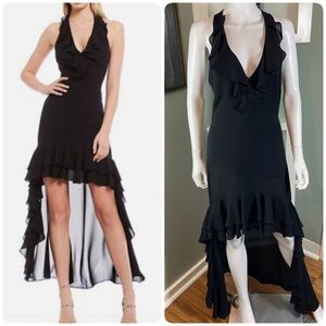 Badgley Mischka 4 Naty Black High Low Ruffled Dress Chiffon Mini Halter Hi Lo